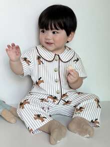 DAZY 2 piezas Conjunto de pijama para niños pequeños con camisa de manga larga con cuello vuelto a rayas y pantalones de ajuste holgado - Gris - Ver 5