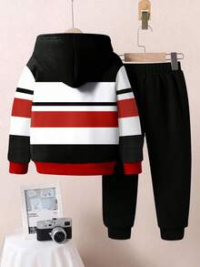 2pcs/Set Boys Casual Loose Graphic Hoodie & Sweatpants Set, Rider Print Colorblock Pullover Outfit, Suitable For Autumn/Winter - Multicolor - View 3