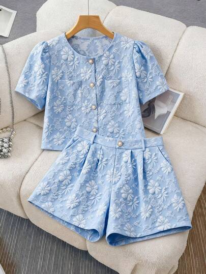 GlowEve CURVE Regalyn Plus Size Elegant Jacquard Jacquard Short Puff Sleeve Button-Up Top And Shorts Set, Spring/Summer