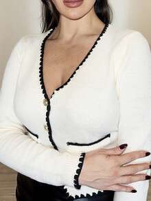 MDEdit New Autumn V-Neck Knit Cardigan, French Style, Versatile French Style Clothes Button Up Cardigan,ملابس شتوية للنساء,Cozy Fall And Winter Clothes For Women - Beige - View 3