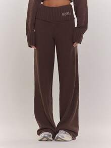 MUSERA Oversized Rib Knit Embroidered Detail Wide Leg Co-Ord Trousers Only Cosy Cute Casual Winter Chic Coffee Club Spring - Chocolate Brown - View 2