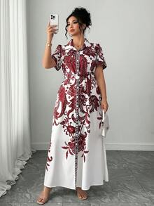 Elenzga Damen Große Größen elegantes Retro-Muster Taillengürtel Puffärmel Hemdkleid, Frühlings-/Sommer-Resort-Kleid - Bordeaux - Übersicht 1