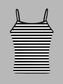 女童黑白条纹印花长款背心，百搭叠穿单品，适合夏季，衣橱必备单品 - 黑與白 - 查看 2