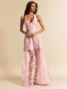 SHEIN BAE Đầm maxi dáng xòe, cổ chữ V sâu, màu hồng trơn, chất liệu có họa tiết, thích hợp làm trang phục dự tiệc cưới, dự tiệc trưa, dự sự kiện trang trọng, đầm hè, đầm hẹn hò, đầm dự tiệc sinh nhật, đầm đi nghỉ mát biển. - Màu Hồng baby - Xem 3