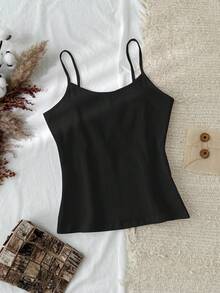 Tseoso 1pc Women's Black Cotton Camisole, Versatile For Summer Spring - Black - View 7