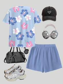 2pcs Tween Girls Casual Cartoon Print Short Sleeve Top And Shorts Set, Suitable For Summer - Multicolor - View 2