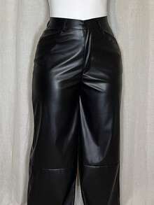 Dayanna Comas 女士皮革女裤纯色前扣简约休闲裤、日常穿着、女士下装 - 黑色 - 查看 3
