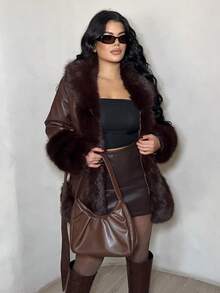 Dayanna Comas 新款秋冬毛绒夹克配狐狸毛边饰，女士长款毛茸茸皮草大衣简约时尚， - 咖啡棕 - 查看 6