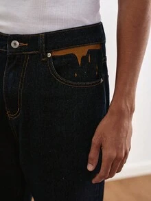 TOKVUE Men's Fashionable Street Style Embroidery Design Casual Washed Straight Leg Loose Jeans Men Wide Leg Jean Dark Wash Jeans Mens Jeans - Dark Wash - View 4