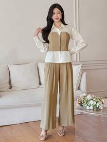 DAZY Conjunto de camisa y pantalón de pierna ancha de 2 en 1 con contraste de color y parches elegante para mujer, para primavera/verano, conjunto de ropa de descanso para mujer - Caqui - Ver 3