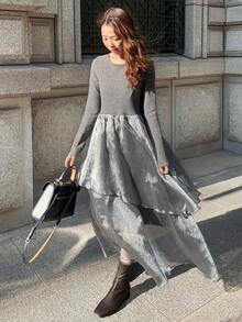 FRIFUL 女士拼接镂空露背系带下摆欧根纱亮面面料连衣裙