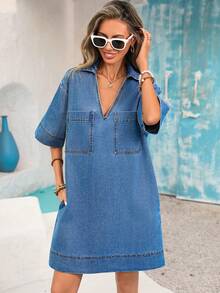 Vivid Eden New Arrival Loose Denim Dress With Lapel Collar, Short Sleeve, European And American Style Women - Medium Wash - View 4