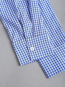 Sweetra Bộ đồ nữ mùa xuân/hè mới, thích hợp đi làm/du lịch/dã ngoại: Áo sơ mi kẻ caro xanh trắng phối ren trắng, kết hợp với chân váy chữ A cạp thấp có nơ trang trí, set 2 món. - Màu xanh lam - Xem 7