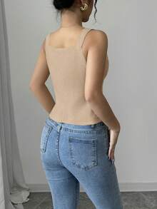 Elenzga 女士休闲纯色纽扣吊带背心 - 卡其色 - 查看 2