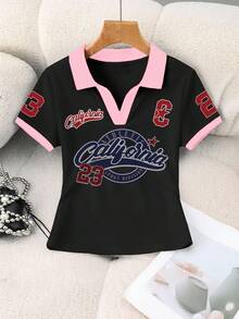 Rovax 女士休闲时尚街头风日常通勤字母、数字、星星印花撞色包边V领短袖T恤，夏季 - 黑色 - 查看 4