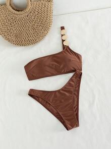Swim Chiccia Bộ bikini hai mảnh lệch vai gợi cảm dành cho nữ, thiết kế tối giản thanh lịch với điểm nhấn kim loại, màu trơn, thích hợp cho kỳ nghỉ biển, mùa xuân/hè. - màu nâu - Xem 8