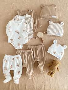 Newborn Sweet Bear Cotton Loungewear 6-Piece Set - Beige White Sweet Bear Cotton Loungewear 6-Piece Combo Sweet Bear Design Beige White Sweet Color Long Sleeve Footed Romper Sweet Bear Bodysuit Pants Hat Set 6-Piece Combo Social Media Style Sweet Bear 2026 New Year Holiday Essential Spring Summer Autumn Winter Newborn Sweet Bear Cotton Loungewear 6-Piece Set