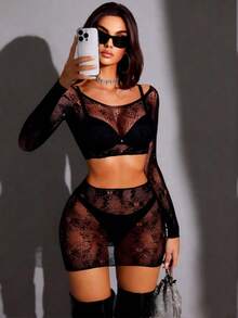 2pcs Women's Sexy Hollow Out Sheer Mesh Lingerie Set - Black - View 3