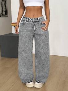 SHEIN PETITE PETITE Summer And Spring Women's Casual Loose Fit Washed Denim Jeans Streetwear Y2K Grey Snow-Washed Straight-Leg Casual Denim Jeans - Grey - View 3