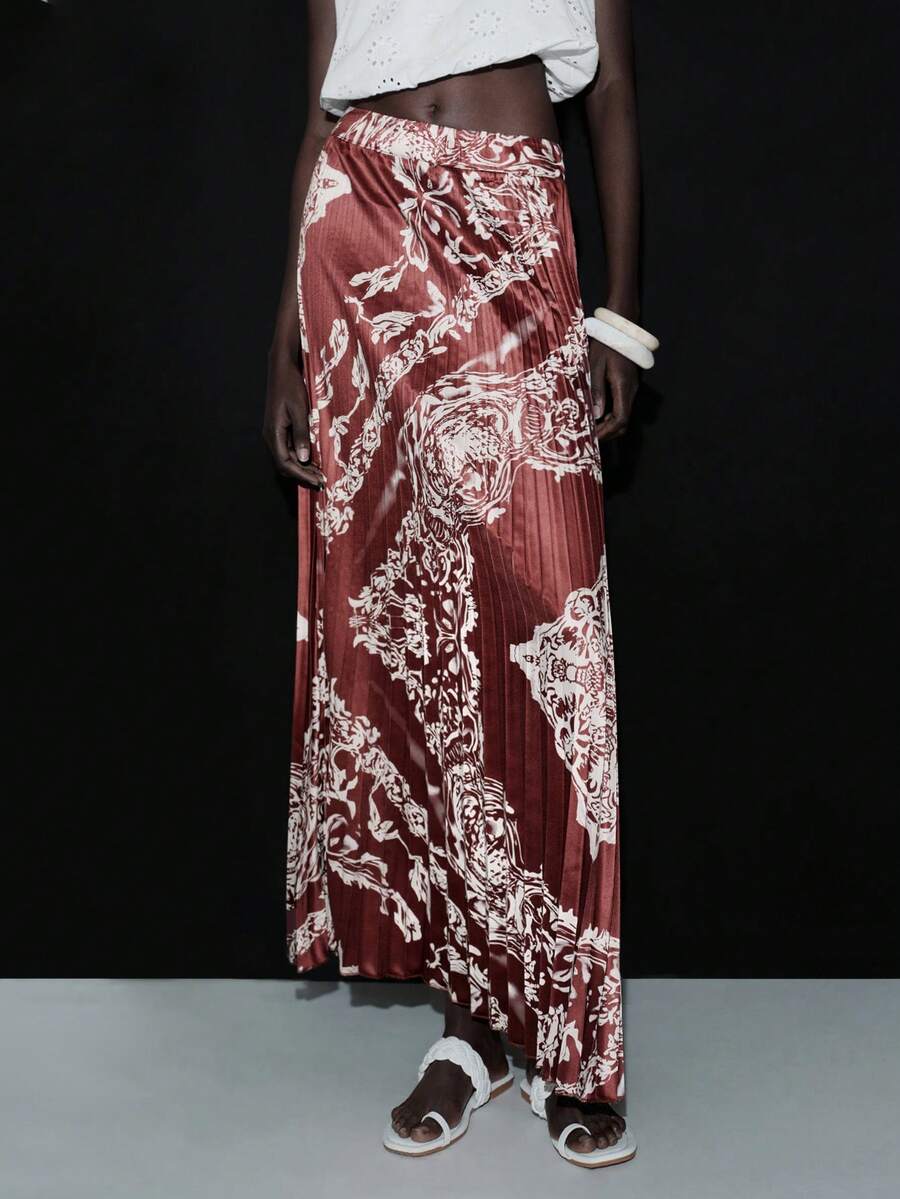 Lumivelle 女士波西米亚风复古优雅褶裥A字裙,春夏款 - 棕色 - 查看 1