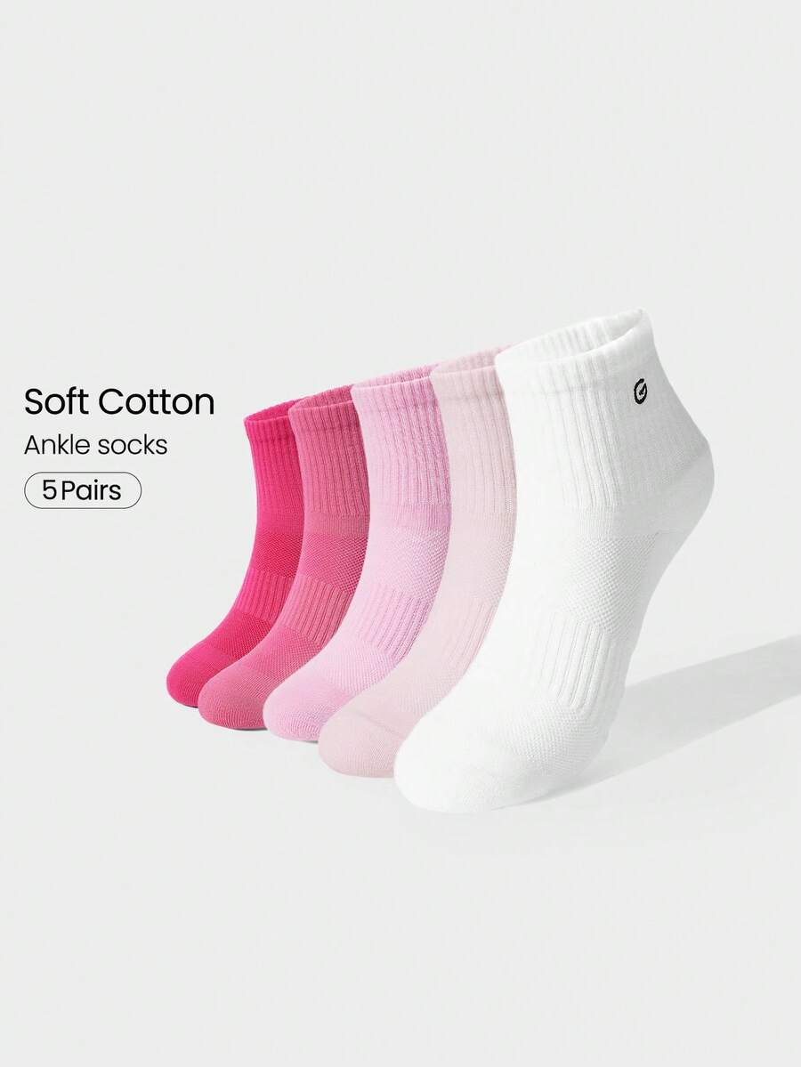 GLOWMODE 5 Pairs Socks Soft Ventilated Mesh With Embroidered Logo Workout Daily Casual - white + light pink + pink + rose red + fuchsia - View 1