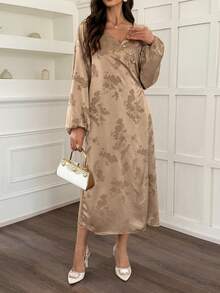 Vivie Lora Women's Chinese Style Floral Print Midi Dress With Oblique Collar Sundress - Khaki - View 5