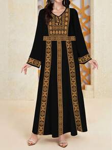 Al Najma 女士黑色V领长袖喇叭下摆印花连衣裙，优雅舒适，精致花卉图案，花卉图案，保守款式，涤纶材质，适合居家、外出、度假、聚会等场合。飘逸连衣裙，复古连衣裙，女士长袖连衣裙。 - 黑色 - 查看 4