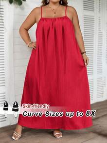 SHEIN CURVE+ Đầm hai dây cỡ lớn, màu trơn, xếp ly, thích hợp cho tiệc sinh nhật, lễ tốt nghiệp, trang phục học sinh, mặc hàng ngày, đi nghỉ mát. - Đỏ - Xem 3