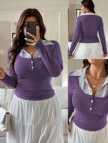 Vionelle Plus Size Women French Style Casual Patchwork Long Sleeve T-Shirt Lilac Top Cute Long Sleeve Top Long Sleeve Top Lavender Top Purple Top Women Long Sleeve Tops - Purple - View 1