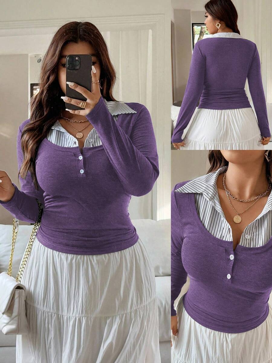 Vionelle Plus Size Women French Style Casual Patchwork Long Sleeve T-Shirt Lilac Top Cute Long Sleeve Top Long Sleeve Top Lavender Top Purple Top Women Long Sleeve Tops - Purple - View 1