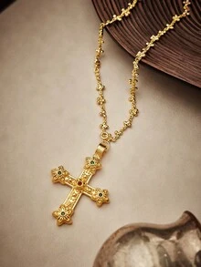 Glisma 18K 镀金 1 件项链，适合派对、休闲、音乐会/节日、夜总会、可爱、奢华纹理、金属、水钻、十字设计、婚礼、节日、度假、露营、花链、Y2K/妈妈/女士/女孩/秋季/秋季/冬季/节日/假日/度假/老钱/万圣节 - 金色 - 查看 5