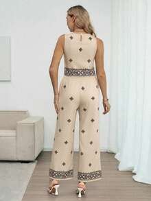 Louniche 女士春秋季雪纺印花圆领无袖上衣和阔腿裤两件套 - 彩色 - 查看 2