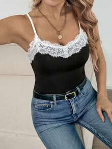EMERY ROSE Women's Casual Lace Patchwork Slim Fit Solid Color Sleeveless Tank Top, Suitable For Layering, Spring - Multicolor - View 5