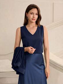 Miaspire This Elegant Two-Piece Women's Set Features A Deep Navy Blue Base, With The Combination Of Lace Texture And Matte Fabric Exuding A Touch Of Understated Luxury. The Floral Pattern Is A Delicate, Subtle Lace Design, Revealing A Gentle And Refined Temperament In Its Understated Details. The Silhouette Consists Of A Loose-Fitting Lace Cardigan And A Fitted V-Neck Vest. The Lightweight Fabric Is Versatile Enough For Various Occasions, And The Layering Design Balances Warmth And Style.Suitable For Spring And Autumn, And Suitable For Commuting, Casual Gatherings, Or Relaxing Afternoon Tea, This Set Conveys A Composed Style With Its Navy Blue Base And Showcases Elegant Fashion Sense With Its Lace Details. It's A Versatile And Stylish Choice For Any Two-Season Wardrobe. - Navy Blue - View 6