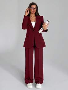 EURMUSE Bộ quần áo hai mảnh màu trơn dành cho nữ, gồm áo blazer và quần dài. - Màu Đỏ Sâu - Xem 1