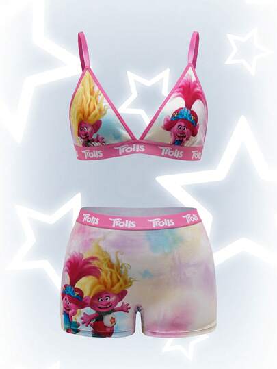 Trolls X SHEIN Bộ áo ngực và quần lót nữ mềm mại, thoải mái với họa tiết hoạt hình, chữ cái, chất liệu jacquard.