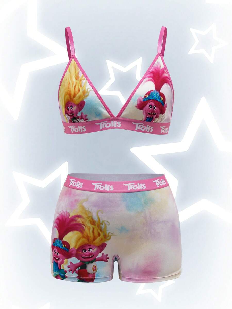 Trolls X SHEIN Bộ áo ngực và quần lót nữ mềm mại, thoải mái với họa tiết hoạt hình, chữ cái, chất liệu jacquard. - Hồng - Xem 1