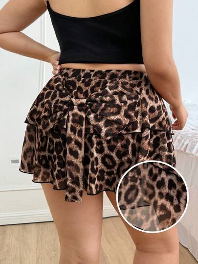 CovetEZ Plus Size Casual Sexy Leopard Print Mesh Layered Skirt With Bow Accent Skirt