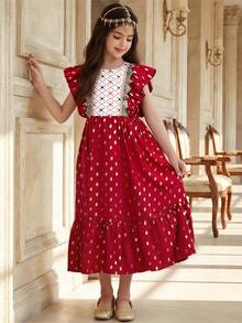 SHEIN Robe ronde de luxe à pois dorés pour préadolescentes, printemps/été, avec dentelle dorée délicate et volants en patchwork floral. Convient pour les mariages, les galas de gala et les événements culturels - Rouge - Voir 9