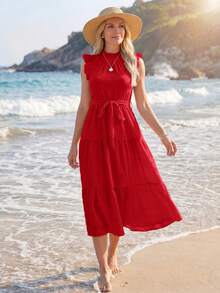 Sylviya Frill Trim Ruffle Hem Belted Dress,Vacation - Red - View 3