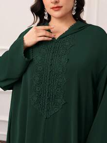 Al Najma Plus Size Women's Solid Color Hooded Applique Casual Loose Daily Wear Arabic Style Long Sleeve Dress - Dark Green - View 3