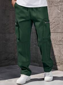 Manfinity Homme 加大码男士纯色斜插口袋休闲百搭工装裤 - 墨綠色 - 查看 6