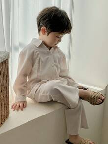 DAZY 2pcs Toddler Boys' Collared Long Sleeve Shirt And Casual Long Pants Set - Apricot - View 1