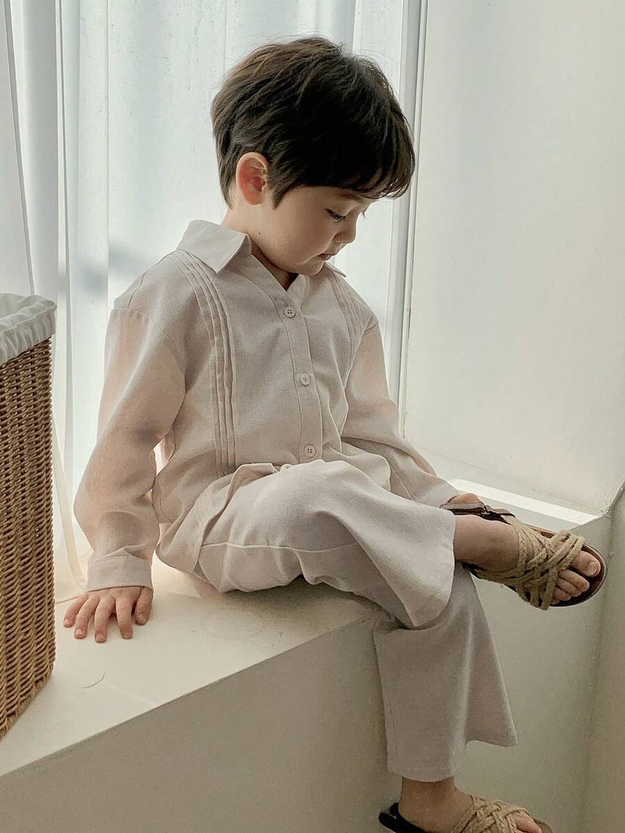 DAZY 2pcs Toddler Boys' Collared Long Sleeve Shirt And Casual Long Pants Set - Apricot - View 1