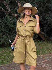 Livesso Women's Loose Casual Fashion Design Large Pocket Decor Lightweight Outdoor Street Tie-Up Drawstring Waist Turndown Collar Shirt Style Short Sleeve Cropped Jumpsuit, Spring/Summer Romper Lounge Sets For Women - Mustard Yellow - View 5
