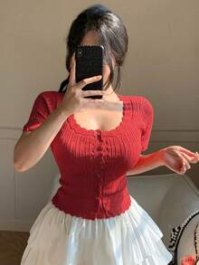 DAZY Women's Round Neck Single-Breasted Short Sleeve Fitted Fashionable Knit Cardigan - Red - View 8