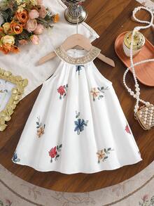 SHEIN 女婴无袖刺绣花卉连衣裙，甜美风格，适合节日、聚会等场合，打造优雅小公主造型 - 彩色 - 查看 4