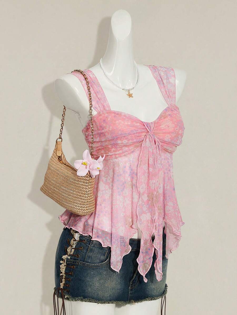 女士碎花不对称下摆可爱碎花衬衫，甜美夏秋上衣女装 - 淺粉色 - 查看 1