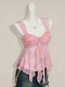 女士碎花不对称下摆可爱碎花衬衫，甜美夏秋上衣女装 - 淺粉色 - 查看 7