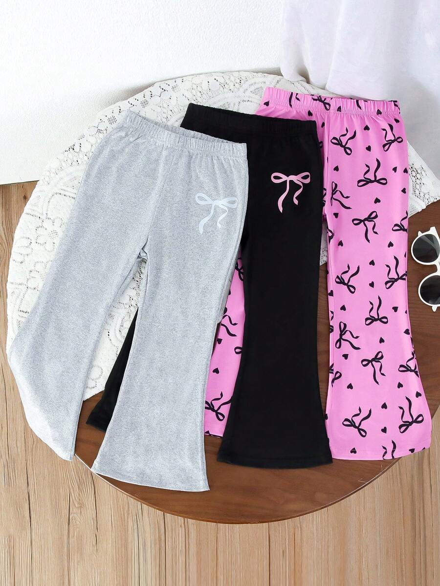 Genkimix Kids 3件套少女休闲百搭新款蝴蝶结印花喇叭裤套装,适合亲子装,适合夏季,适合各种场合。蝴蝶结裤装 - 彩色 - 查看 1